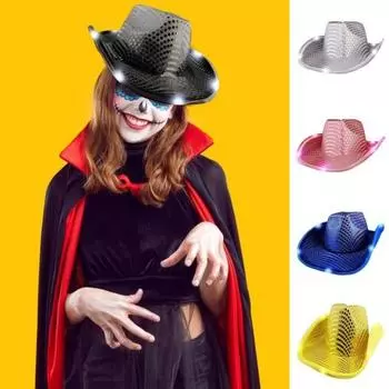 Ковбойская шляпа со светодиодной подсветкой в стиле ретро-вестерн, 5 доступных цветов, кепка с блестками от солнца, для рождественских вечеринок, ночных клубов, выступлений, фото-реквизита чёрный