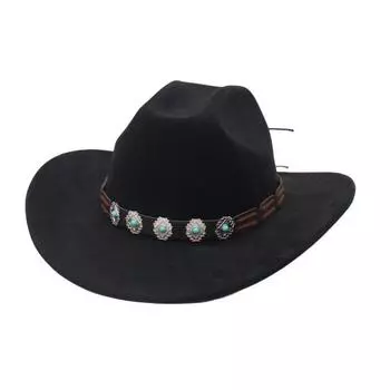 Ковбойская шляпа в западном стиле для мужчин и женщин, формовочная, с широкими полями, шляпа ковбойки с загнутыми полями, фетровая шляпа федора с каменной лентой чёрный