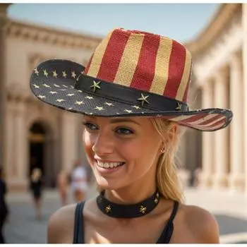 Ковбойская шляпа Western Outback Классическая ковбойская шляпа с американским флагом Шляпа для празднования 4 июля Ковбойский костюм Striped hat top