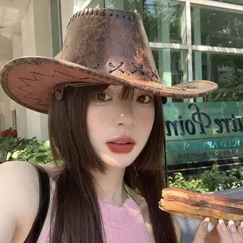 Ковбойская шляпа Western, женская летняя солнцезащитная шляпа, винтажная, с большим карнизом, пляжная, морская, Spice Girls, дорожная M56-58cm коричневый