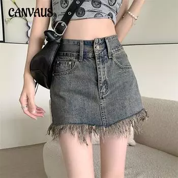 Ковбойская юбка до половины тела, женская короткая юбка на бедрах с кисточками и необработанными краями в стиле ретро с высокой талией, закрывающая нишу S синий