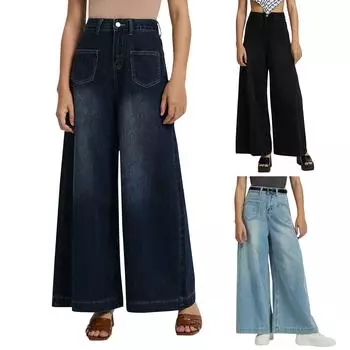 Ковбойская женская одежда с широкими карманами, штанинами, высокой талией и свисающими джинсовыми брюками для женщин M чёрный