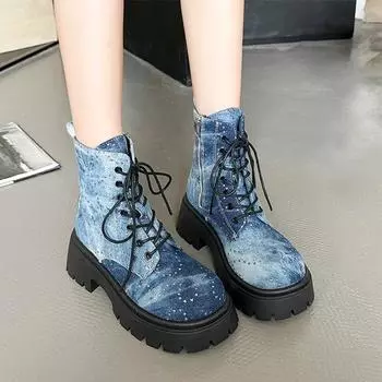 Ковбойские ботильоны на платформе, женские туфли на высоком каблуке, модные осенние ботинки на шнуровке, мотоциклетные ботинки, трендовые новые туфли-лодочки для снега Botas Mujer 35