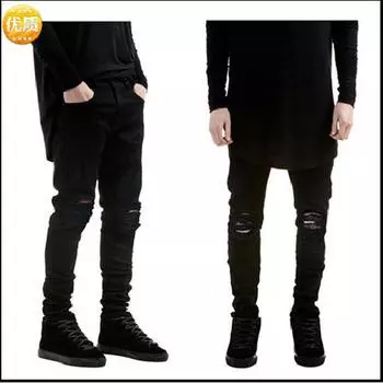 Ковбойские европейские и американские джинсы High Street Pure Black Slim Fit Small Leg Elastic Jeans Men s Slim Fit 28 чёрный