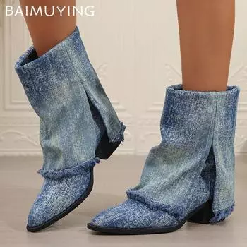 Ковбойские массивные женские ботильоны с острым носком, дизайнерские туфли на среднем каблуке 2025 года, трендовая зимняя мода, новые туфли-лодочки в готическом стиле Botas De Mujer 36 синий