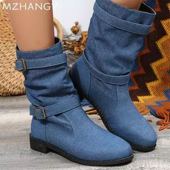 Ковбойские массивные женские сапоги до середины голени, дизайнерские повседневные удобные прогулочные туфли 2024 года, зимнее новое трендовое платье, модные готические сапоги для женщин 36 чёрный