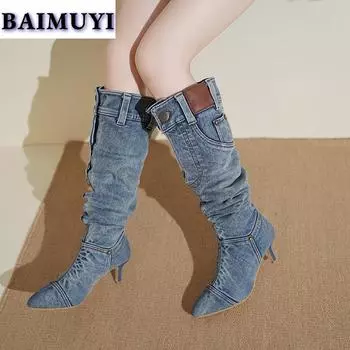 Ковбойские остроносые женские модные сапоги выше колена дизайнерские сексуальные туфли на шпильках 2024 зимние джинсы туфли-лодочки Mujer Zapatos 35 синий