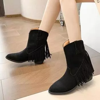 Ковбойские сапоги больших размеров. Женская обувь. Осенние ботильоны на толстом каблуке с острым носком. 35 чёрный