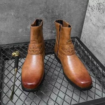 Ковбойские сапоги для мужчин, модные износостойкие дышащие повседневные нескользящие модные универсальные ботинки с круглым носком, весенне-осенняя основная обувь 38 жёлтый