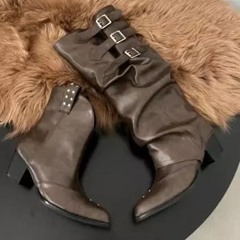 Ковбойские сапоги для женщин 2024 года, сапоги для верховой езды с пряжками, винтажная женская обувь со складками, классные сапоги до середины голени, женская обувь хорошего качества 35 чёрный