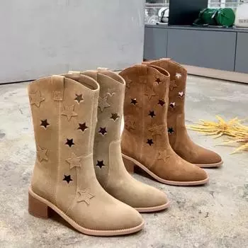 Ковбойские сапоги для женщин, без шнуровки, ковбойские сапоги до середины икры, на низком массивном каблуке, с острым носком, длинные высокие сапоги в стиле вестерн, женские осенние ботинки в стиле ретро 34