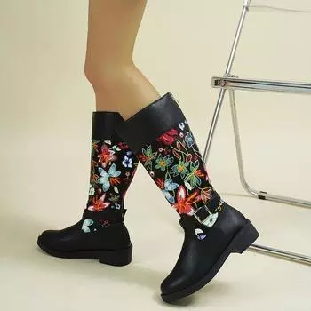 Ковбойские сапоги для женщин, ковбойские сапоги до середины голени, вышитые цветы, заостренный нос, ботильоны на толстом блочном каблуке, женские нескользящие сапоги на низком каблуке 35 чёрный