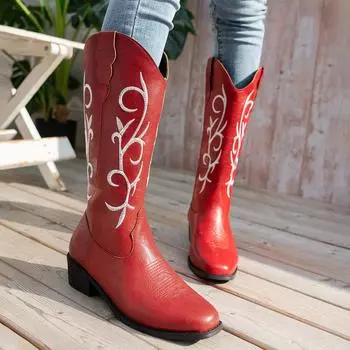 Ковбойские сапоги для женщин, ковбойские сапоги до середины голени, вышитые квадратные носки, ботинки на толстом блочном каблуке, женские сапоги на низком каблуке без застежек 36