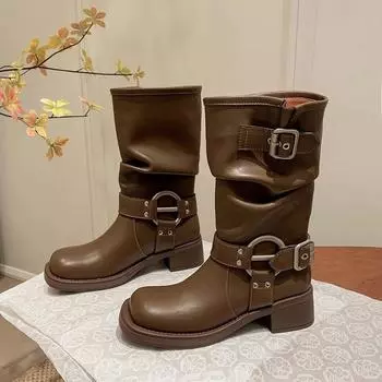 Ковбойские сапоги для женщин, модные женские повседневные сапоги до середины голени, толстые современные ботинки, женские осенние туфли на платформе 35