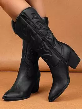 Ковбойские сапоги до колена для женщин с острым носком, сапоги в ковбойском стиле на массивном высоком каблуке с вышивкой, осенне-зимние сапоги для женщин 36