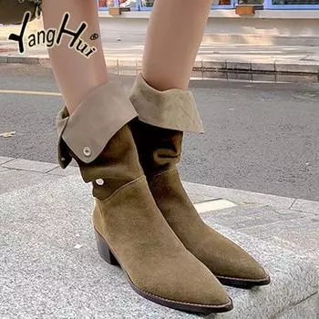 Ковбойские сапоги до середины голени в стиле ретро в британском стиле с отогнутыми краями, с заостренным носком, плиссированные туфли на высоком каблуке, мода 2024 года, осень-зима 35 хаки