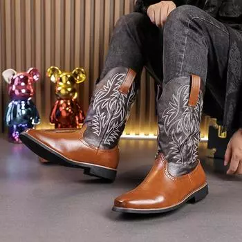 Ковбойские сапоги мужские ПУ разноцветные нашивки вышитые удобные ботинки для пустыни большой размер 38-48 38 чёрный