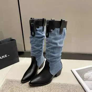 Ковбойские сапоги в стиле вестерн, осень-зима, новые высокие сапоги до колена, женские толстые сапоги на низком каблуке, рыцарские сапоги, повседневные длинные сапоги для женщин 35