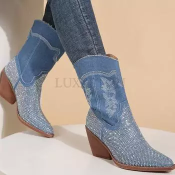 Ковбойские сапоги в стиле вестерн, осенне-зимние, с острым носком, в стиле пэчворк, со стразами, сапоги до середины голени, удобные женские сапоги для ходьбы с вышивкой 36 джинсовый синий
