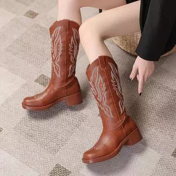 Ковбойские сапоги в стиле вестерн, универсальные женские ботинки для взрослых, мотоциклетные ботинки с вышитыми рукавами, женская обувь до середины голени 35