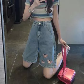 Ковбойские шорты для женщин летом, свободные вышитые брюки длиной пять четвертей, высокая талия, широкие брюки длиной пять четвертей, средней длины S синий