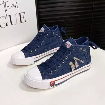 Ковбойские высокие парусиновые туфли, женская повседневная обувь, новые весенние и осенние стили, туфли больших размеров в стиле ретро, молния 35 синий