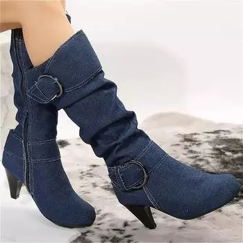 Ковбойские высокие сапоги из парусины, женские дизайнерские туфли на высоком каблуке, брендовые зимние новые массивные сапоги, трендовые готические туфли-лодочки «Челси» до колена Botas Mujer 36 чёрный