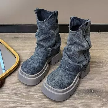 Ковбойские женские ботильоны на плоской подошве на платформе, зимняя модная обувь 2024 года, новые зимние ботинки Desigenr Goth Zip Walking Woman Zapatos 35 чёрный