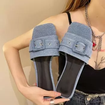 Ковбойские женские тапочки, сандалии на плоской подошве, летняя обувь, дизайнерские шлепанцы, модное платье, повседневные женские туфли, удобные шлепанцы 36 синий