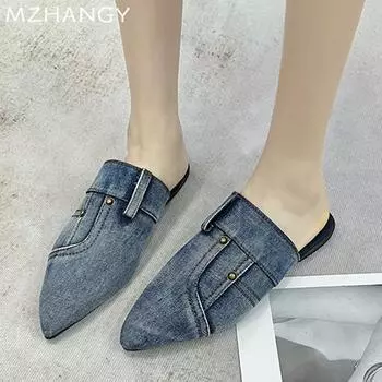 Ковбойские женские туфли на плоской подошве, мюли, остроносые сексуальные тапочки, дизайнерские туфли с открытой пяткой, тренд 2024 года, зимнее прогулочное платье Femme Zapatos 35