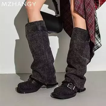 Ковбойские женские высокие сапоги модные туфли на среднем каблуке массивные женские зимние ботинки челси 2024 года новые готические туфли-лодочки зимние сапоги Mujer 35 чёрный