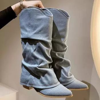 Ковбойские женские высокие сапоги на среднем каблуке, высокие сапоги челси до колена, остроносые массивные модные туфли, зимнее трендовое платье 2024 года, женские сапоги 35 синий
