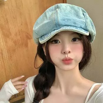 Ковбойский берет женская шляпа с маленьким лицом 2024 летняя тонкая ретро восьмиугольная шляпа большая окружность головы шляпа-облако шляпа художника M56-58cm темно-синий