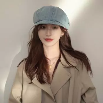 Ковбойский берет женский осенне-зимний маленький восьмиугольный газетчик шляпа ретро большой окружности головы шляпа художника прилив M56-58cm светло-синий