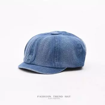 Ковбойский берет женский Tide Fashion короткий козырек с язычком утки восьмиугольная кепка мужская весна и лето ретро Show Face маленькая кепка художника вперед M56-58cm синий