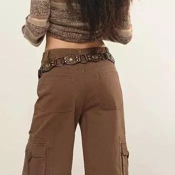 Ковбойский ремень в западном стиле, джинсовая юбка, пояс из искусственной кожи, регулируемая длина, дизайн с несколькими отверстиями, коричневый широкий ремень 110 cm кофейный