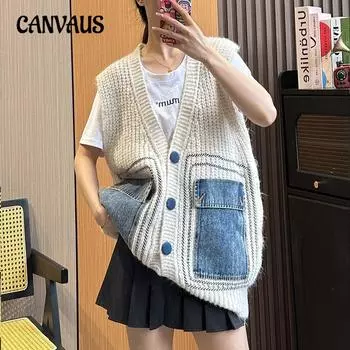 Ковбойский вязаный жилет, куртка, женская осенне-зимняя мода, свободные плечи, свитер, жилет One Size бежевый