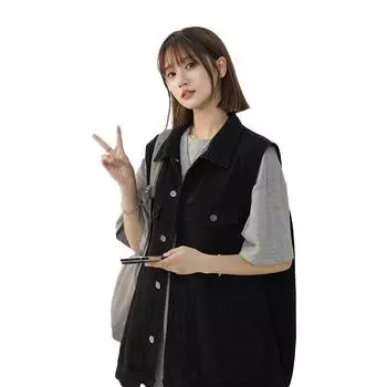 Ковбойский жилет без рукавов женский универсальный стираный ретро жилет XXXL чёрный