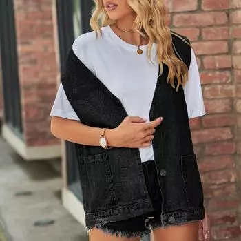 Ковбойский жилет, камзол, модный джинсовый жилет без рукавов L чёрный