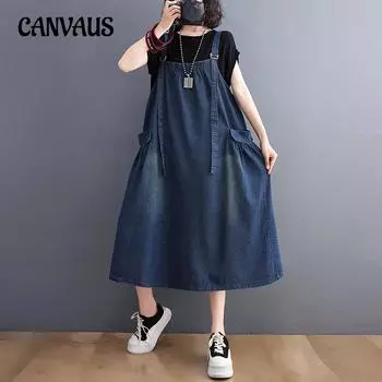 Ковбойское платье на бретелях, женское летнее свободное платье размера плюс, большое свободное платье с лямкой на бретельках средней длины M синий