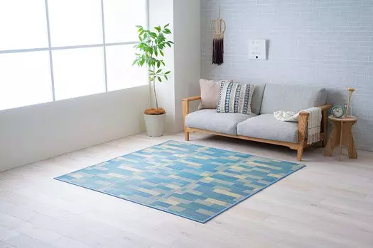 Ковер Ikehiko Rush Rug Tatami Note Square CX Sena Blue 180 x 180 см Геометрический узор Влагорегулирующий эффект Антибактериальный и дезодорирующий эффект синий