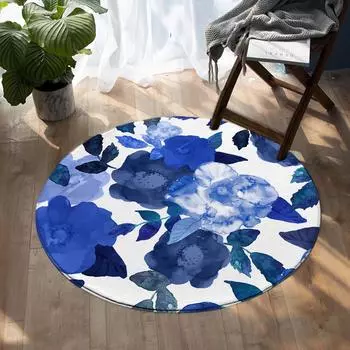 Ковер с листьями, напольный ковер, синий игровой коврик, постельные принадлежности, цветочный ковер для спальни, акварель, искусство, круглая гостиная 40