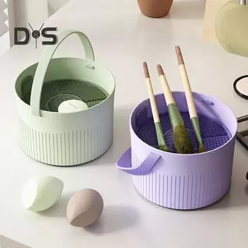 Коврик для чистки кистей для макияжа 2-в-1 с держателем для сушки кистей Чаша для чистки косметических кистей Губка для пудры фиолетовый