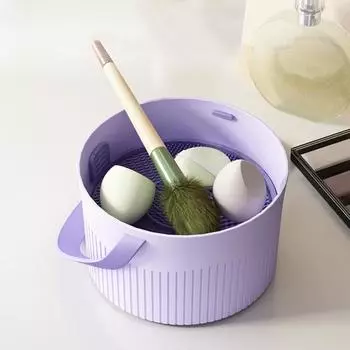 Коврик для чистки кистей для макияжа 2-в-1 с держателем для сушки кистей Чаша для чистки косметических кистей Губка для пудры Инструмент для мытья фиолетовый