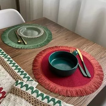 Коврик для домашнего кухонного стола, круглый джутовый держатель для кастрюли, настольный коврик с кисточками, термостойкий многоцелевой обеденный коврик для внутреннего и наружного использования 1pcs светло-коричневого