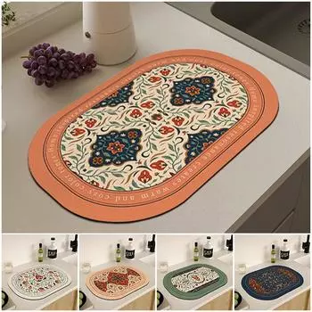 Коврик для кофемашины на кухню Ретро-коврики для сушки посуды Быстросохнущий дренажный коврик Овальный нескользящий коврик для сушки посуды Кухонный коврик 30x40cm