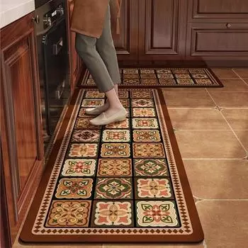 Коврик для кухни ПВХ водонепроницаемый ковер кожаный маслостойкий нескользящий ретро американский коричневый клетчатый длинный ковер украшение дома ковер 50x80cm