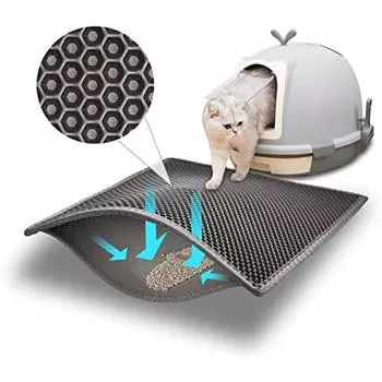 Коврик для постельного белья для кошек, коврик для постельного белья для кошек, двухслойный Favo, подходит для кошачьего туалета, закрытый самоочищающийся, легко чистится пол (61*38см, Серый)