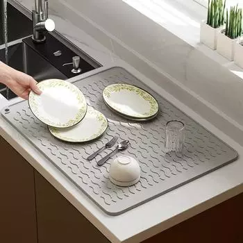 Коврик для сушки посуды на кухонной стойке, силиконовый коврик для сушки, термостойкий противоскользящий коврик для кастрюль, тарелок, чашек, подушек для столовых приборов, подставок для подносов L 55x45cm серый