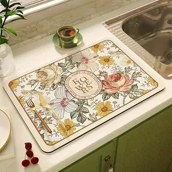 Коврик для сушки посуды с цветочным принтом, суперабсорбирующий коврик для сушки кофе, коврик для сушки посуды, быстросохнущий коврик для кухонной посуды 30x40 cm